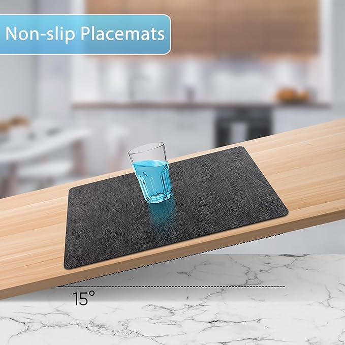 Placemats Set of 4 Washable, Heat Resistant Table Placemats Wipeable Faux Leather Place Mats Non Slip, Waterproof Square Table Mats for Indoor Outdoor, Charcoal Gray