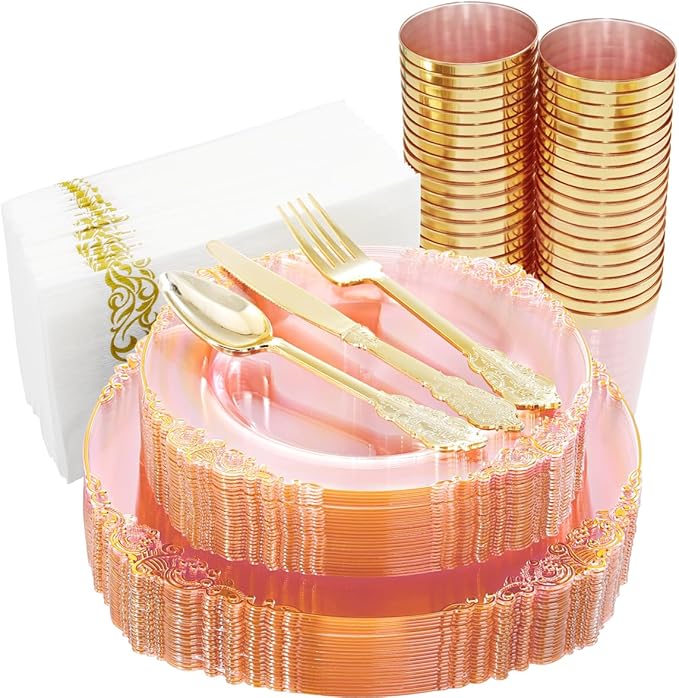 Hioasis 175pcs Pink and Gold Plates - Pink Party Plates for 25 Guest, Include 50 Heavy-duty Plates(20% Thicker Than Standard), 75 Cutlery Set, 25 Napkin, 25 Cups