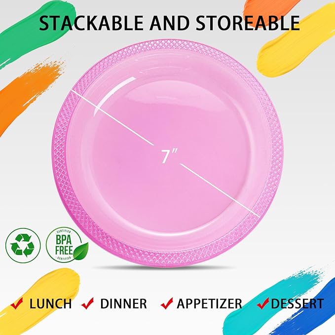 WELLIFE Neon Pink Party Plates 7 Inch -150 Count, Translucent Pink Plastic Disposable Dessert Plates for Fluorescent Neon Theme Party Salad Appetizers Valentine's Day Easter Baby Shower Mother's Day