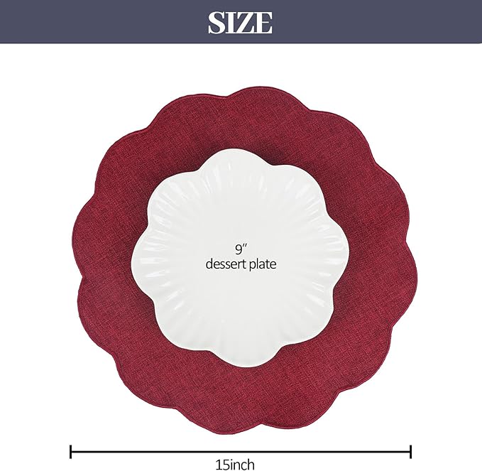 AHHFSMEI Round Faux Linen Placemats Set of 6 Waterproof Table Mats Heat Resistant Non-Slip and Stain Proof for Kitchen Dining Elegant Decor (Burgendy red,6)