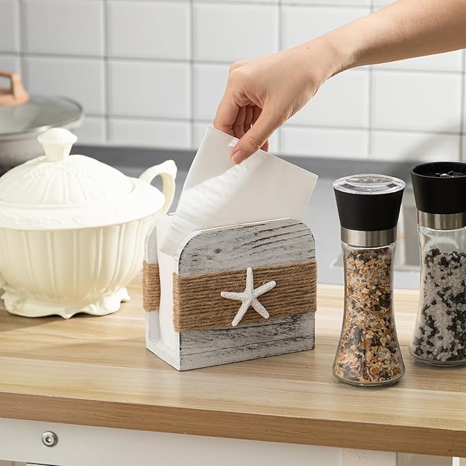 Natural Wooden Napkin Holder, Farmhouse Napkin Holders Upright Wooden Tissue Dispenser for Kitchen Dining Room Table Decor Indoor & Outdoor Use (Beach Style,White)