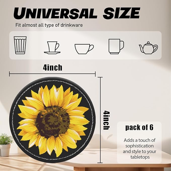 Coasters for Drinks PU Leather,Set of 6 with Holder,Round Housewarming Gift Home Decor,Black Watercolor Sunflower