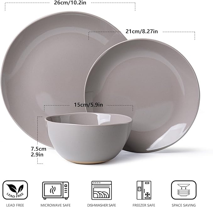 Dinnerware Sets for 6, 18 Pieces Stoneware Plates and Bowls Sets, Dishwasher&Microwave Safe,Modern Minimalist Tableware for Everyday Use, Grey