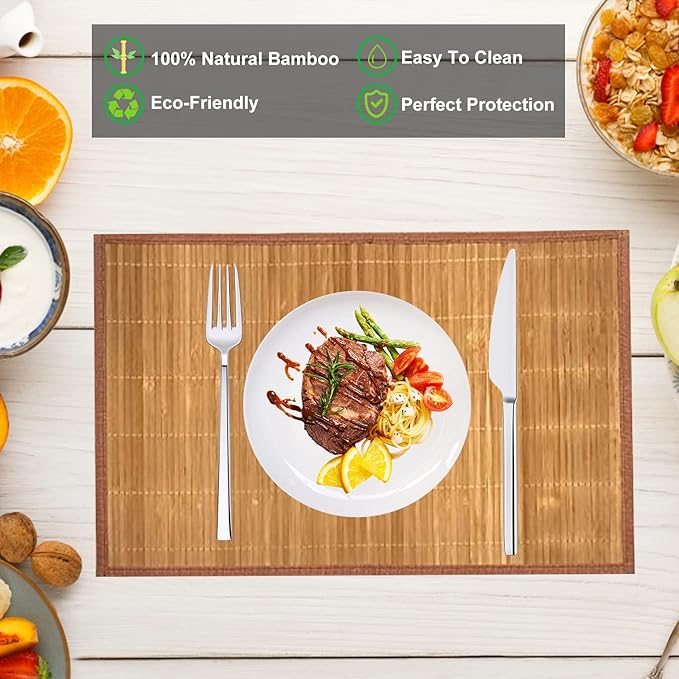 ANDSTAR Set of 8 Pcs Bamboo Placemats with Fabric Border Sushi Rolling Mat Japanese Style Natural Anti-Slip Bamboo Placemats Washable Heat-Resistant Table Mats for Dining Room and Kitchen（Coffee）