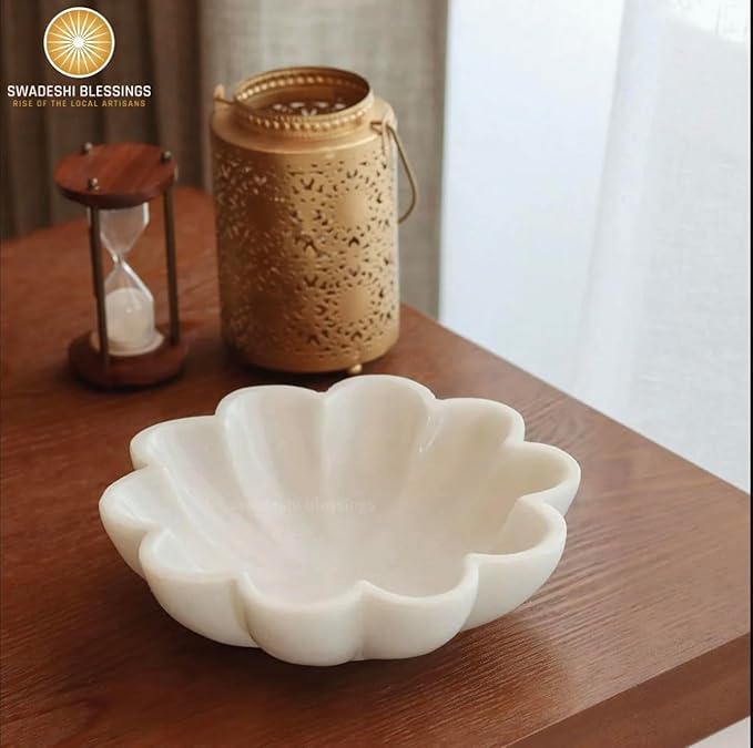 HandCrafted Marble Decorative Bowl | White Ruffle Scalloped Fluted Key/Fruit Ring Dish | Organic Modern Home Decor (10 Inches)