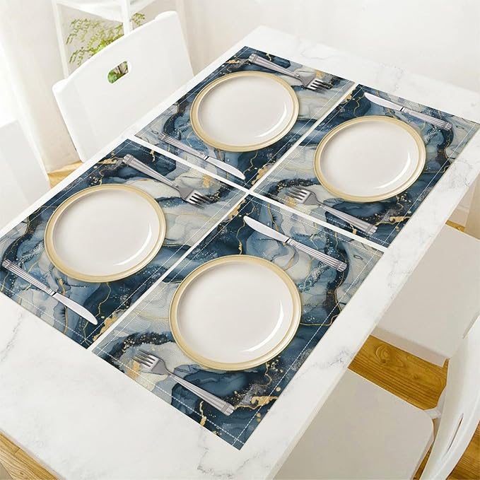 Marble Linen Place Mats Set of 4, 12x17 Inch Modern Abstract Foil Stone Texture Gold Navy Blue Marble Washable Fabric Non-Slip Placemats for Home Dining Table Banquets Party Kitchen Decoration