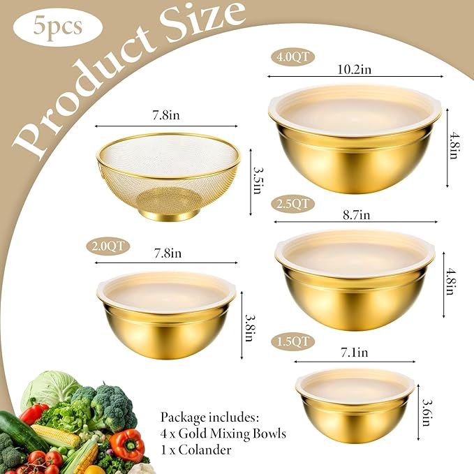 5 Pack Gold Mixing Bowls with Airtight Lids, Stainless Steel Mixing Bowl Set with Colander, Gold Nested Bowl, Metal Nesting Organizers, for Baking Prepping and Serving Food, Size 1.5, 2.0, 2.5, 4.0 Qt