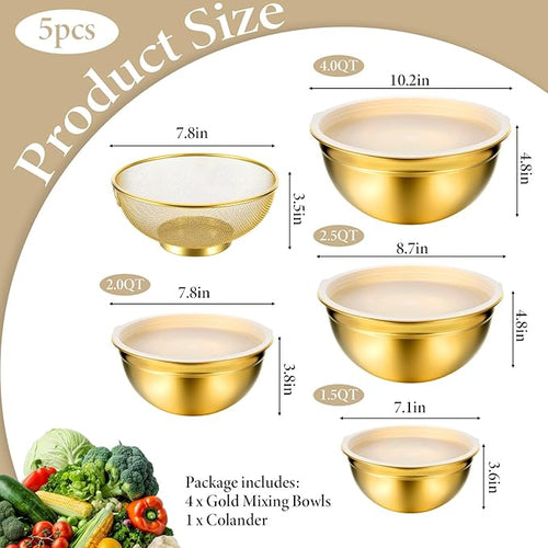 5 Pack Gold Mixing Bowls with Airtight Lids, Stainless Steel Mixing Bowl Set with Colander, Gold Nested Bowl, Metal Nesting Organizers, for Baking Prepping and Serving Food, Size 1.5, 2.0, 2.5, 4.0 Qt
