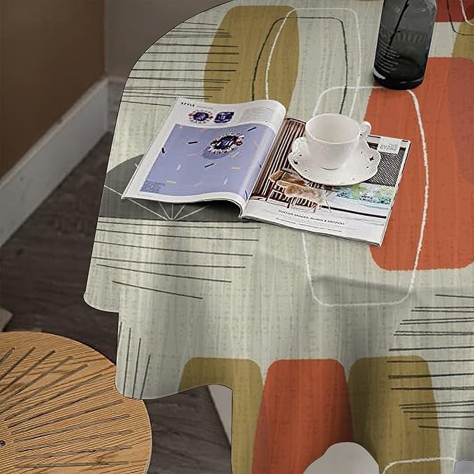 Retro Medieval Bohemian Round Tablecloth, Modern Mid Century Geometric Abstract Print Tablecloth for Home Party Dining Room Kitchen Decor 70Inch(178cm)