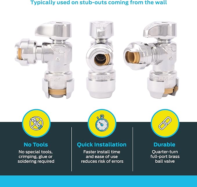 SharkBite 1/2 x 1/4 Inch (3/8 Inch OD) Compression Angle Stop Valve, Quarter Turn, Push to Connect Brass Plumbing Fitting, PEX Pipe, Copper, CPVC, PE-RT, HDPE, 23048-0000LF