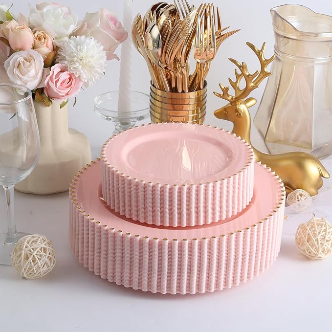 EI 60pcs Pink Plastic Plates with Gold Rim,Pink Party Plates Disposable,Heavy Duty 10" Dinner & 7" Dessert Plate Fancy Elegant Plate for Wedding,Birthday,Afternoon Tea,Valentine's Day