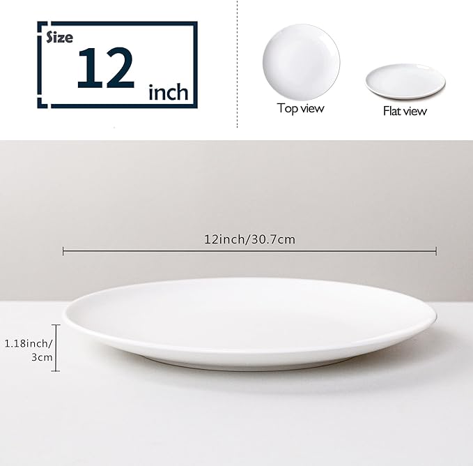 White Dinner Plates Set of 4, Extra Large 12 Inch Dinner Plates, Oversized Ceramic Plates for Main Dishes, Microwave and Dishwasher Safe, 30.7Cm
