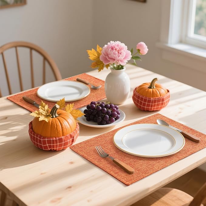 Homaxy Cloths Placemats for Dining Table Set of 8, Heat Resistant Washable Cotton Linen Blend Table Mats, Easy to Clean Place Mats for Indoor Outdoor Party Kitchen Decoration, 13" x 19", Orange
