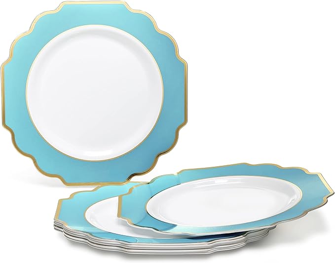 " OCCASIONS " 50 Plates Pack (25 Guests)-Heavyweight Wedding Party Disposable Plastic Plate Set -(25x10.5'' Dinner + 25x8'' Salad/dessert (Imperial Aqua/Gold)