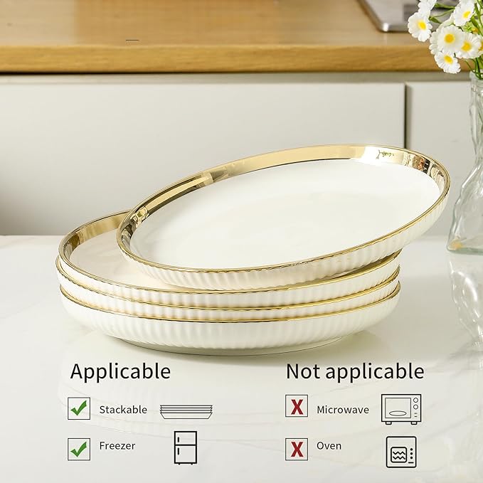 LETAOTAO Dinner Plates, Ceramic dinner Plate Set of 4, 10 inch White Serving Plates with gold trim, Stripe Texture Back, Large Pasta and Salad Plates, Dishes Set with Lipped Edges for Kitchen