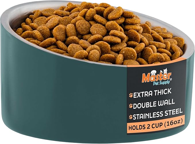 Master Pet Supply Stainless Steel Slanted Dog Cat Food Bowl - 16 oz Heavy Duty - Emerald Sea, Double Wall Insulated, Non-Slip Elevated Bowl for French Bulldogs Pugs Cats, Anti Rust Dishwasher Safe