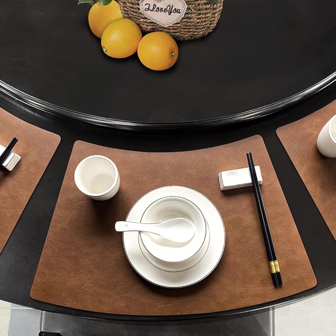 Leather Round Table Washable Placemats, Thick Faux Leather Heat Resistant Wedge Table Placemat, Waterproof Non-Slip Easy to Clean Place mat for Kitchen Coffee Dining Room Table Set of 6