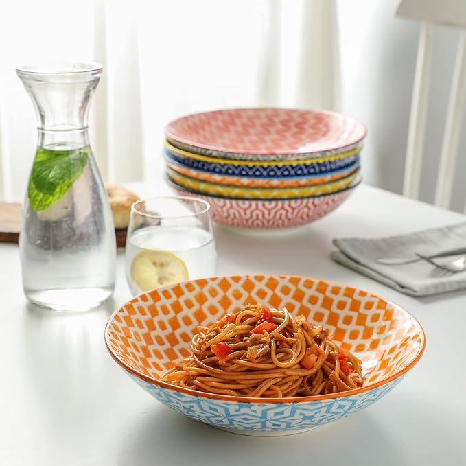 Selamica Ceramic 30oz Large Pasta Salad Bowls 8 Inch Wide and Shallow Soup Bowls, Stackable, Microwave and Oven Safe, Set Of 6, Assorted Colors