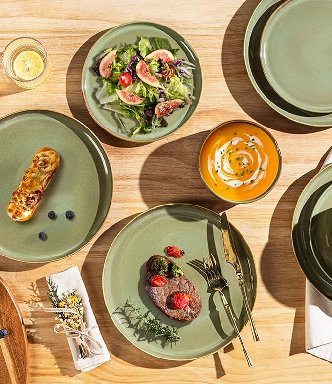 TheTerra Ceramic Dinnerware Sets for 6, 18 Pieces Handmade Reactive Glaze Plates and Bowls Set, Scratch Resistant Dish Set, Oven & Microwave & Dishwasher Safe, Service for 6, Sage Umber