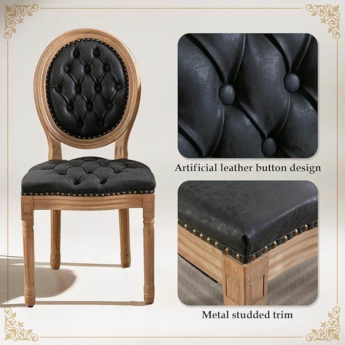 SoarFlash French Dining Chairs Set of 4, Vantage Dining Chair with Round Back, Farmhouse Country PU Leather Dining Chair for Kitchen,Bedroom,Black