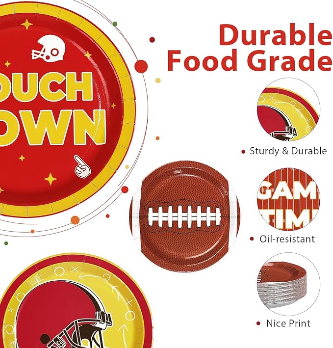 Greencain 60Pcs Chiefs Football Paper Plates Red and Gold Football Paper Plates American Rugby Touchdown Disposable Tableware for Tailgate Sports Birthday Party Supplies Decorations