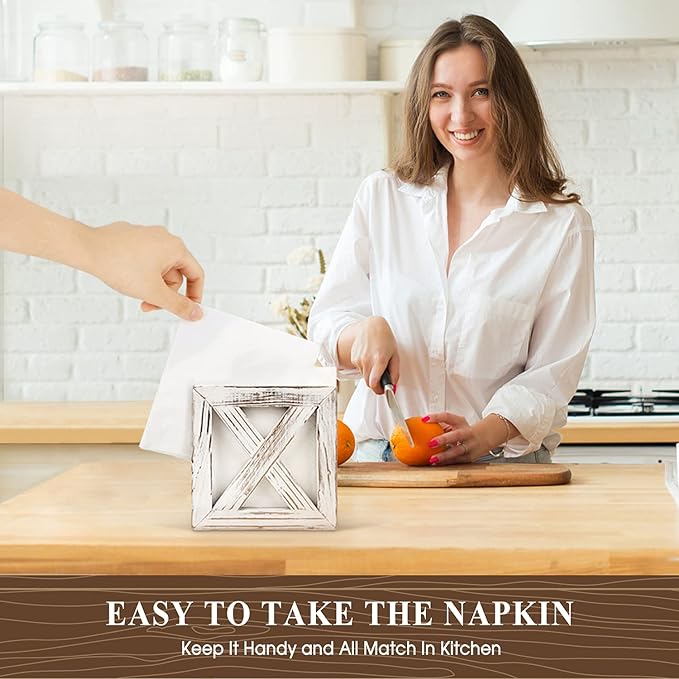 PUERSI Farmhouse Wooden Napkin Holder for Tables, Rustic Kitchen Decor for Counter, Ideal Napkin Dispenser for Dining Counter tops (White)