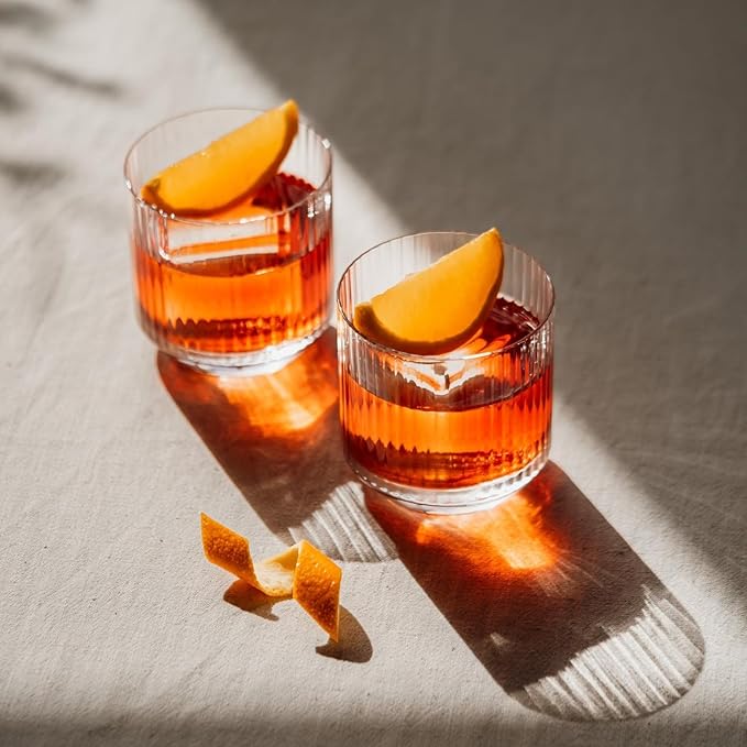 NUDE Whiskey Glasses Set of 6 DOF – 10.75 oz Premium Lead-Free Crystal Old Fashioned Rocks Glasses for Whisky, Scotch & Bourbon – Etched Linear Pattern, Dishwasher Safe Barware