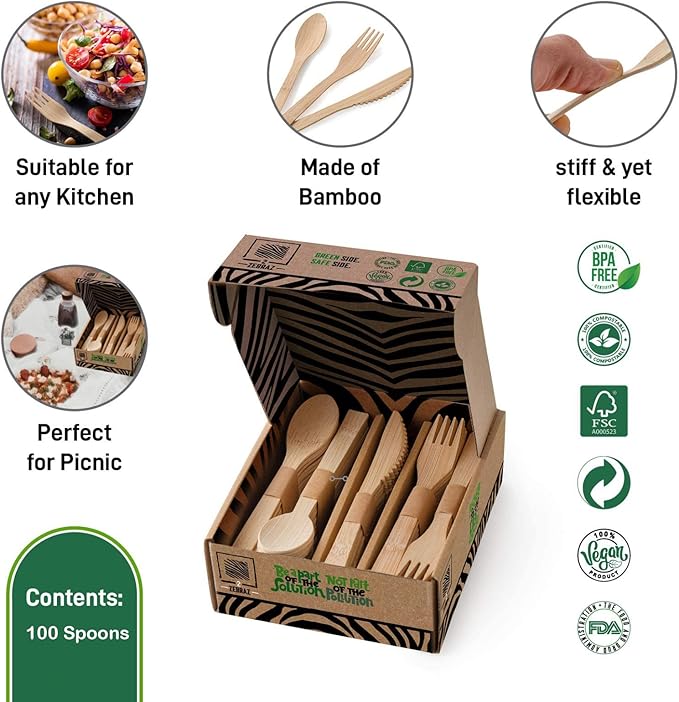 2ZEBRAZ Bamboo Cutlery Set – 100 Disposable Spoons | Reusable Smooth Flatware, Heavy-Duty Natural Utensils for Dining and Entertaining