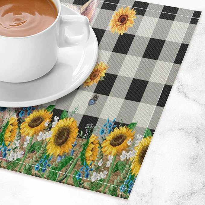 Rustic Pig Placemat Set, Vintage Farmhouse Cute Animal Sunflower Floral Black White Plaid Blue Bowknot Pattern Home Decor Table Mats for Dining Room Kitchen Party (17x12in) x2P