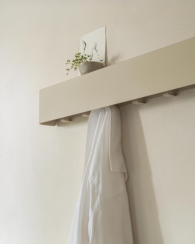 Kazai.® Coat Rack Wall Mount with Shelf 'Tone' | Modern Design Coat Hanger with Hidden Hooks and Storage | Hat Rack with Shelf in Metal | Wall-Mounted Purse Organizer | Taupe