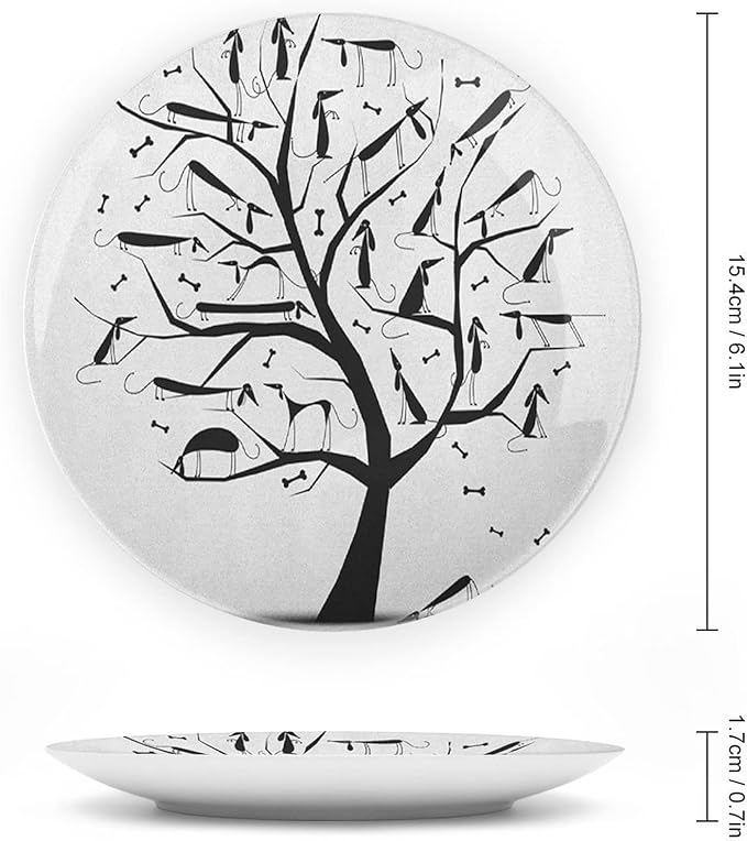 Decorative Plates, Abstract Print Ornament, Monochrome Autumn Season Tree with Dog on The Branches, 10 Inch, 1 Plate with 1 Display Stand, Black and White