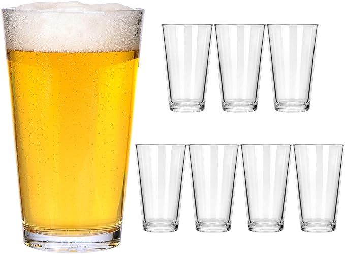 CUCUMI 8pcs 16oz Beer Pint Glasses, Drinking Glasses Set of 8 Highball Glasses Water Cups for Cold Beverages