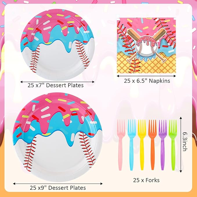 Yungyan 48 Sets Ice Cream Drip Baseball Birthday Party Decorations Ice Cream Drip Baseball Paper Plates and Napkins Forks Disposable Summer Sports Party Supplies Baby Shower Tableware Set for Women