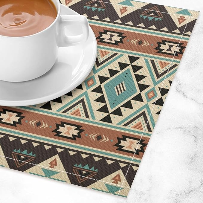 Aztec Southwest Placemats Rustic Tribal Geometric Decorative Table Mat Antique Native Heat Resistant Place Mats for Dining Kitchen Party Holiday Decor 12x18 in 6 PCS