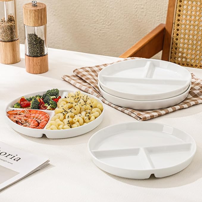Ceramic Divided Plates Set of 4Pcs, large, White, Portion Control Plate, Reusable Bariatric Plate for Kids Adults, 3 Compartment Plates
