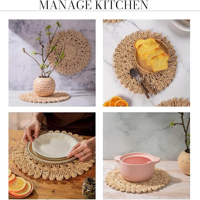 11.8" Set of 6 Round Corn Husk Placemats | Boho Woven Rattan Table Mats | Farmhouse Wicker Spring Plate Chargers Like Water Hyacinth, Seagrass for Wedding, Party, Christmas, Events