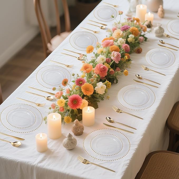 EI 60pcs Clear Plastic Plates with Gold Rim,Disposable Plastic Plates Fancy 10" Dinner & 7" Dessert Plate Heavy Duty for Wedding,Birthday,Afternoon Tea,Spring,Mother's Day,Valentine's Day,Easter