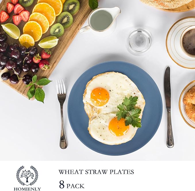 Homienly Flat Dinner Plates Set of 8 Alternative for Plastic Plates Microwave and Dishwasher Safe Wheat Straw Plates for Kitchen Unbreakable Kids Plates (Blue, 9 inch), MS 01