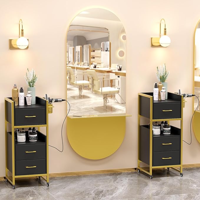 OmySalon Salon Trolley Cart, Hair Styling Station with 3 Drawers, 2 Open Shelf & Tool Holders, Mobile Barber Storage Cabinet Utility Trolley for Beauty Salon Spa,Black