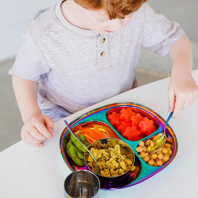 Ahimsa Stainless Steel Kids Plate, Pediatrician Designed Divided Toddler & Baby Plates, Non Toxic, Unbreakable & Dishwasher Safe, Rainbow