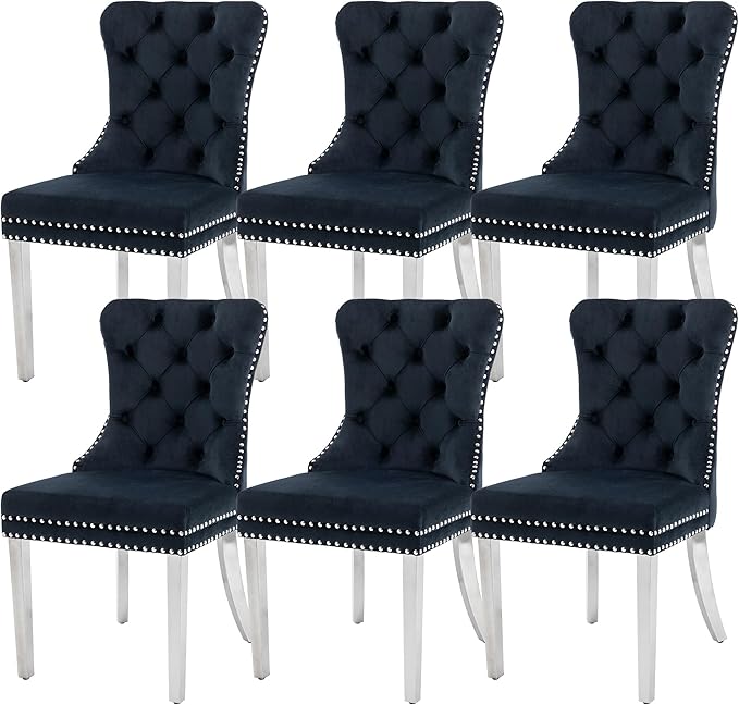 KCC Velvet Dining Chairs Set of 6, Upholstered High-end Tufted Dining Room Chair with Nailhead Back Ring Pull Trim Stainless Steel Legs, Contemporary Nikki Collection Modern Style for Kitchen, Black