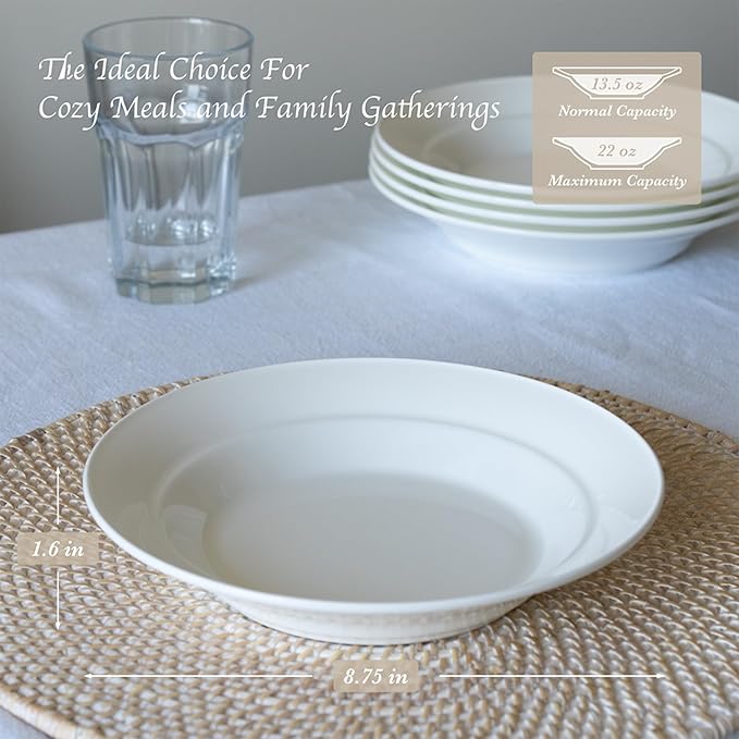 Ceramic Pasta Bowls Set of 4, 13.5oz/22oz Wide Rim Porcelain Soup Bowls - Oven & Dishwasher Safe, Lead-Free Dinnerware for Italian Pasta, Salad, Family Dining (White)