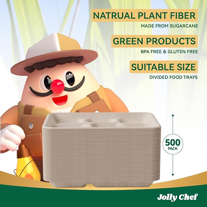 JOLLY CHEF Compostable 𝟱 Compartment Paper Plates 𝟭𝟭 * 𝟴 𝗶𝗻𝗰𝗵 [𝟱𝟬𝟬 𝗣𝗮𝗰𝗸] Heavy Duty Natural Divided Disposable Eco-Friendly Biodegradable Food Trays for Party Lunch Dinner Christmas