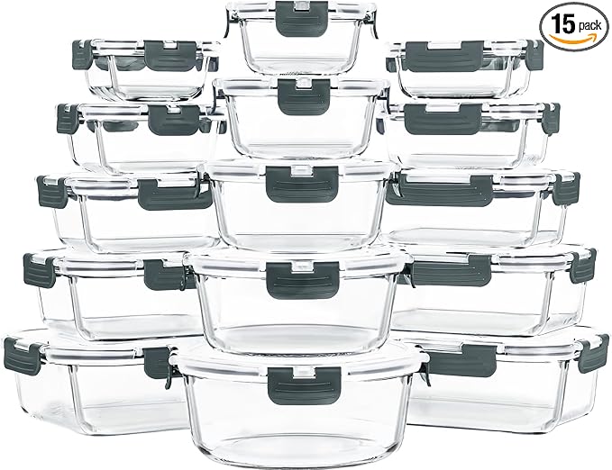 Skroam 15 Pack Glass Food Storage Containers with Lids Airtight, Glass Meal Prep Containers, Lunch Containers with Lids for Microwave, Oven, Freezer and Dishwasher Safe