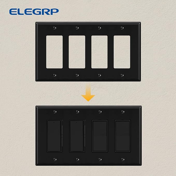 ELEGRP 4-Gang Decorative Wall Plates, Standard Size Unbreakable Thermoplastic Faceplate Cover for Decorator Receptacle Outlet Switch, UL Listed (2 Pack, Glossy Black)