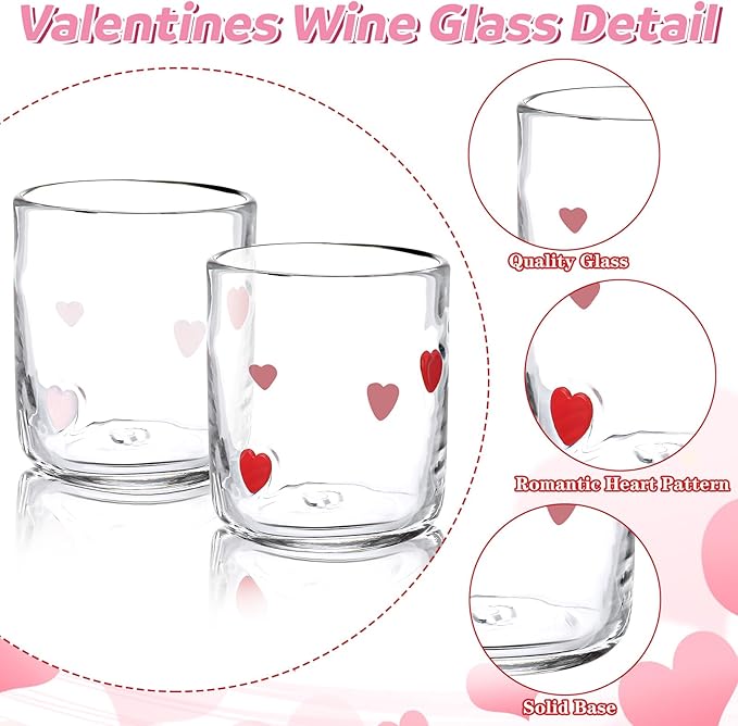 Icon Juice Glasses, 14oz Stemless Wine Drinking Juice Glass Cup for Valentine Party Supplies Gift(2 Pcs,Heart)