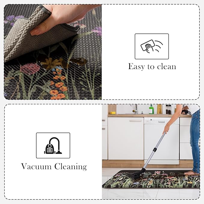 KIMODE Anti Fatigue Kitchen Mats for Floor 2 Piece, Cushioned Farmhouse Kitchen Rugs, Non Slip Kitchen Floor Mats, Comfort Foam Standing Desk Mats for Laundry Office Sink Black 20"x47"+20"x32"