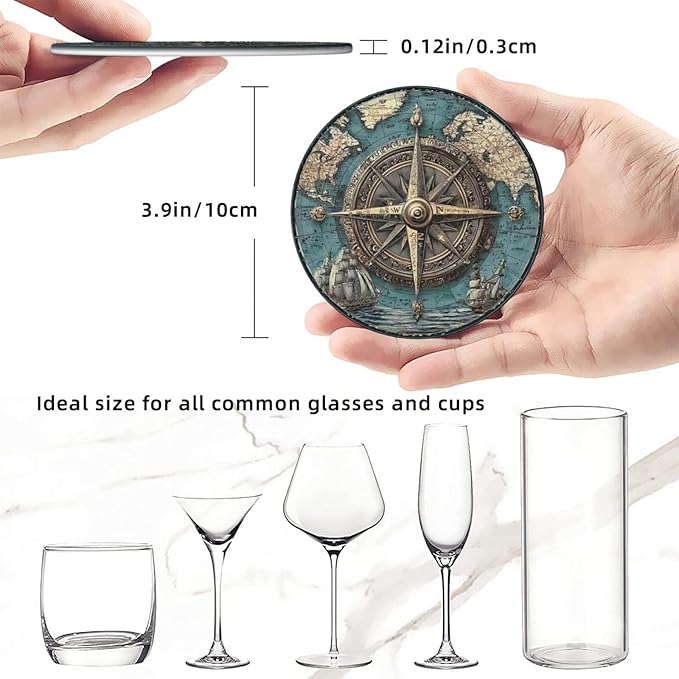 Nautical Compass Coasters for Drinks with Holder Round Leather Coasters Set of 6 Cups Mugs Mat Pad for Home Kitchen Bar