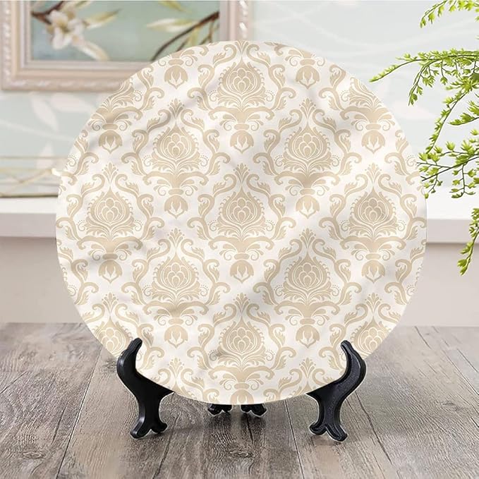 Ceramic Plates, Victorian Decorative Ceramic Plates, Flourishing Flowers Motif, 8 Inch, Household Plates Decorative, Golden