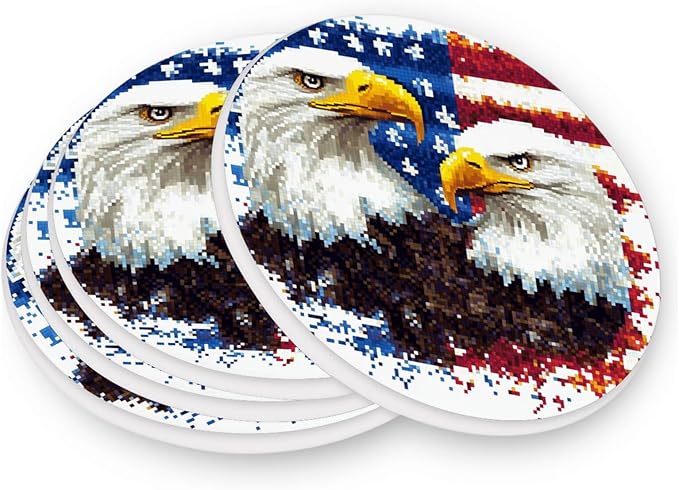 Coasters for Drinks Coaster Drink Set Decorative Coffee Table Desk Cup Mat Spring Cute Cork Bar Backing Round Home Decor Pixel Bald Eagle USA Flags White33